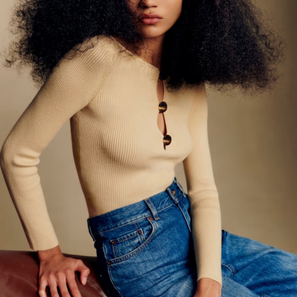 Sezane Cream Ribbed Knit with Button Accent-Like New